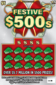 FESTIVE $500s Georgia scratch-off ticket