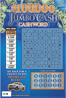 $100,000 JUMBO CASH CASHWORD ticket